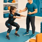 Allenamento EMS in uno studio in Ticino: istruttore e persona in tuta EMS, illustrazione sui costi
