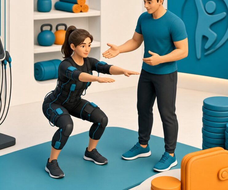Allenamento EMS in uno studio in Ticino: istruttore e persona in tuta EMS, illustrazione sui costi