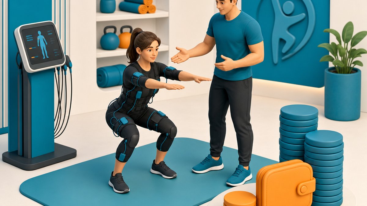 Allenamento EMS in uno studio in Ticino: istruttore e persona in tuta EMS, illustrazione sui costi