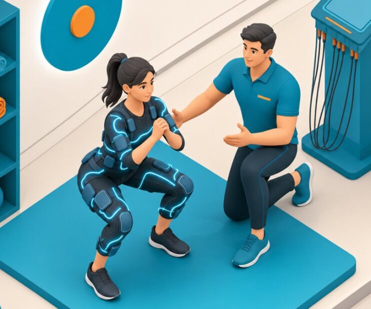 Allenamento EMS a Minusio: persona in tuta con elettrodi durante una seduta con istruttore al Centro Sportivo Minusio