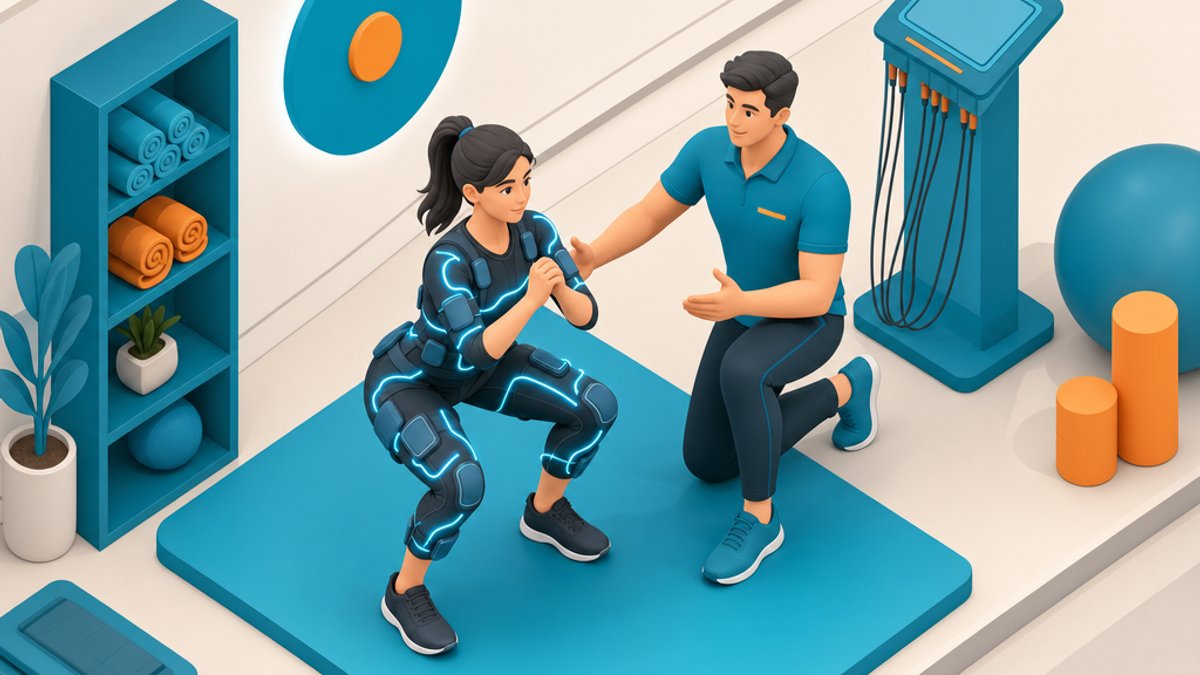 Allenamento EMS a Minusio: persona in tuta con elettrodi durante una seduta con istruttore al Centro Sportivo Minusio