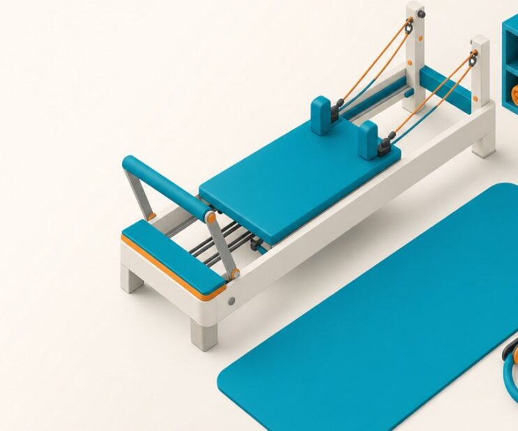 Che cos'è il Pilates: illustrazione isometrica di reformer, tappetino e magic circle, corsi di Pilates a Minusio e Locarno