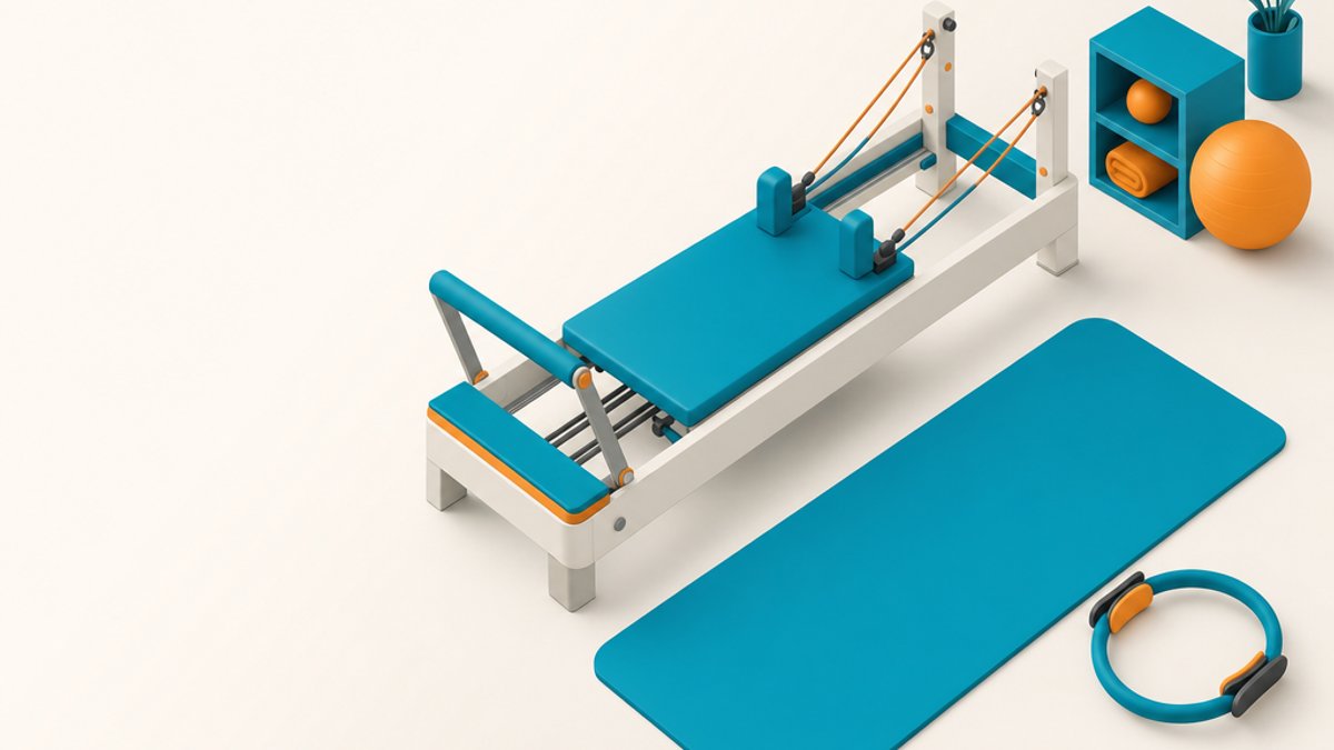 Che cos'è il Pilates: illustrazione isometrica di reformer, tappetino e magic circle, corsi di Pilates a Minusio e Locarno